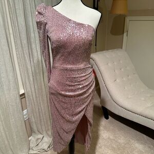 Elegant Anthropology Pink Sequin One-Shoulder Dress, size S, NWT